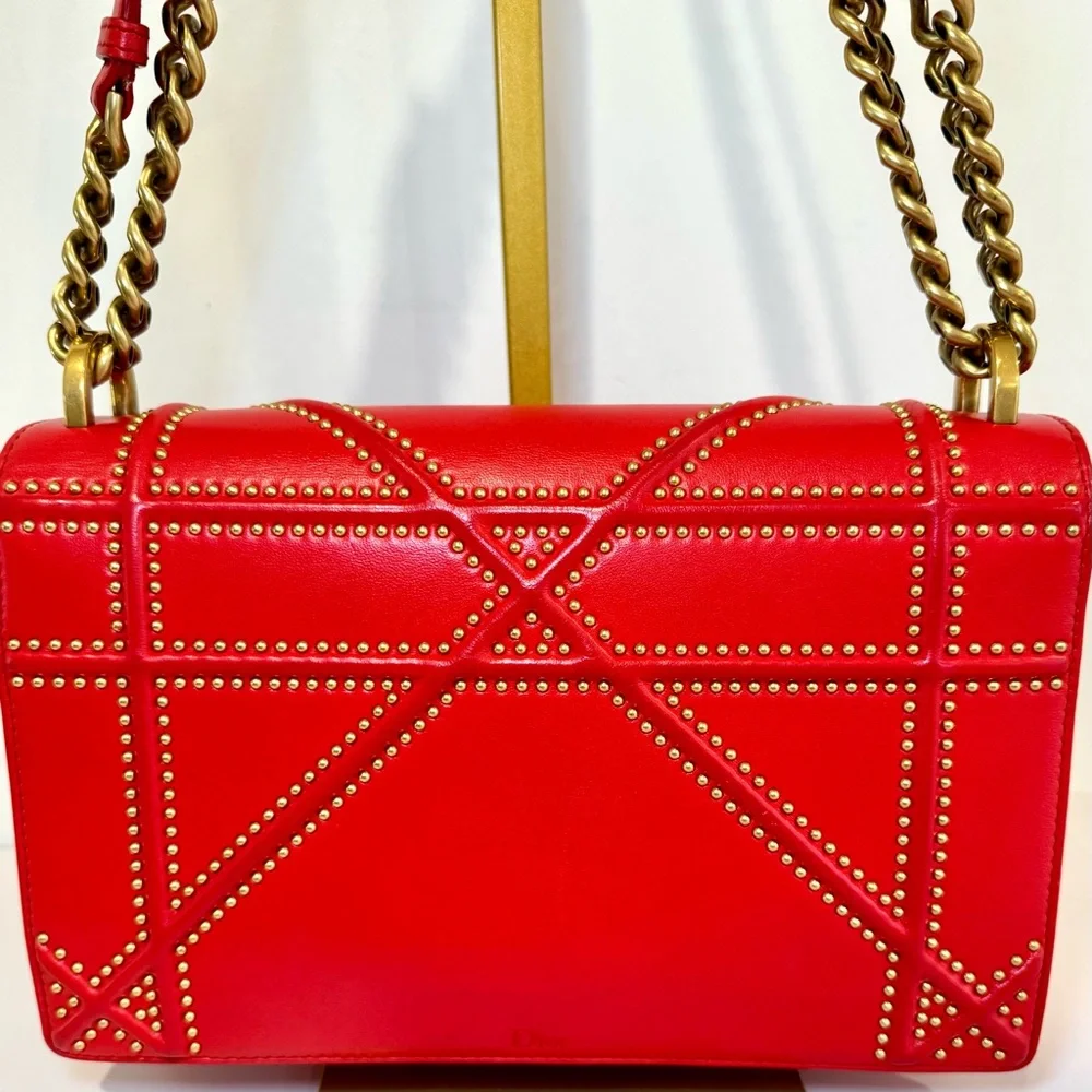 Christian Dior Diorama Red Leather Medium Flap Bag W Gold Studs & Chain Strap